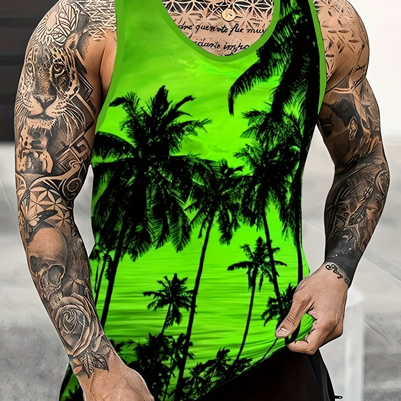

Men's Trendy Crew Neck Tank Top With Fancy Coconut Tree Prints, Street Style For Summer Wear