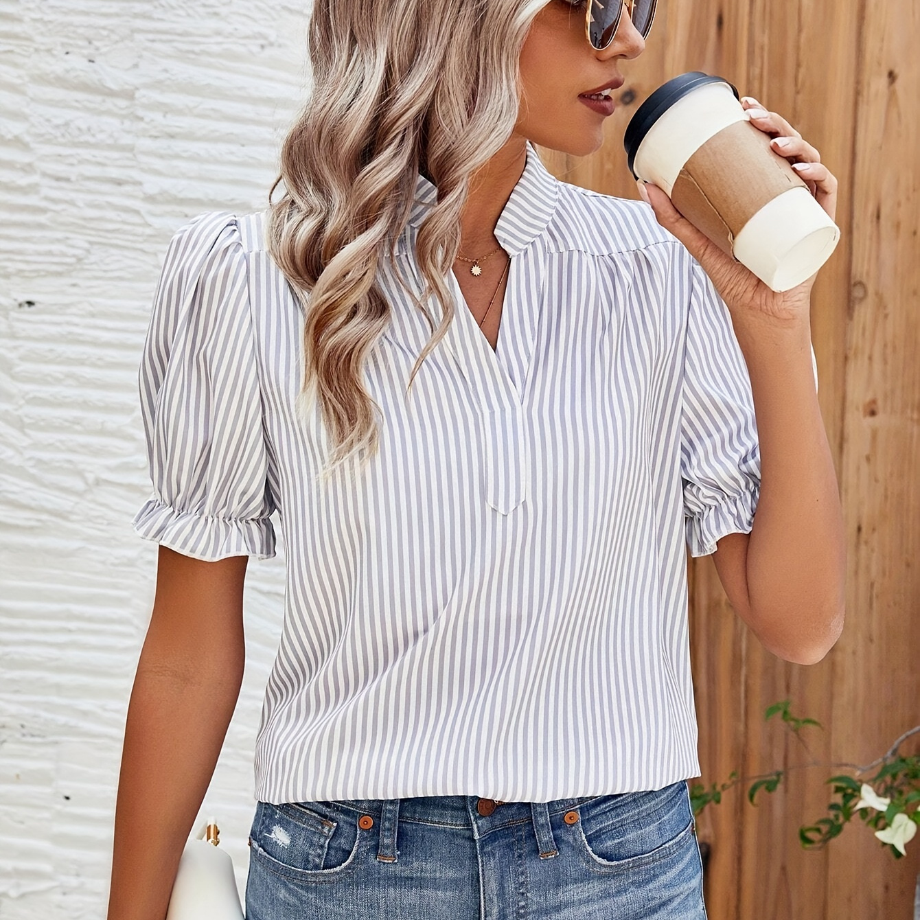 

Striped V-neck Blouse, Casual Puff Sleeve Blouse Top For Spring & Summer, Women's Clothing
