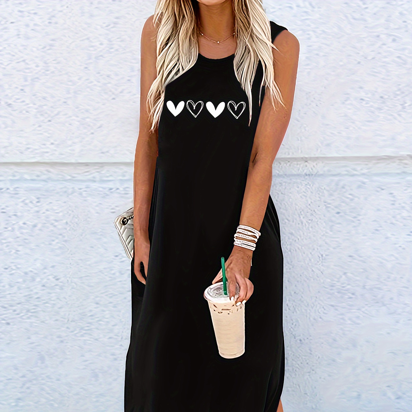 

Casual Polyester-spandex Knit Maxi Dress With Heart Print, Crew Neck Sleeveless Tank Top Style, Long Length With Side Slit Detail - Summer Fashion Vest Dresses For Women