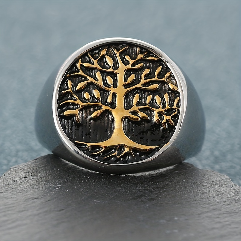 Anello Uomo Albero Della Vita In Acciaio Inossidabile 316L - Vintage Punk, Colori Oro Nero Argento, Confezione Regalo - 4