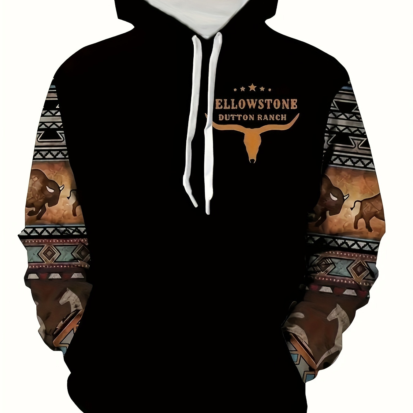 

Men' Hoodie With Yellowstone Print, Long Sleeve Casual Hooded Sweatshirt With Ethnic Pattern For Spring/fall