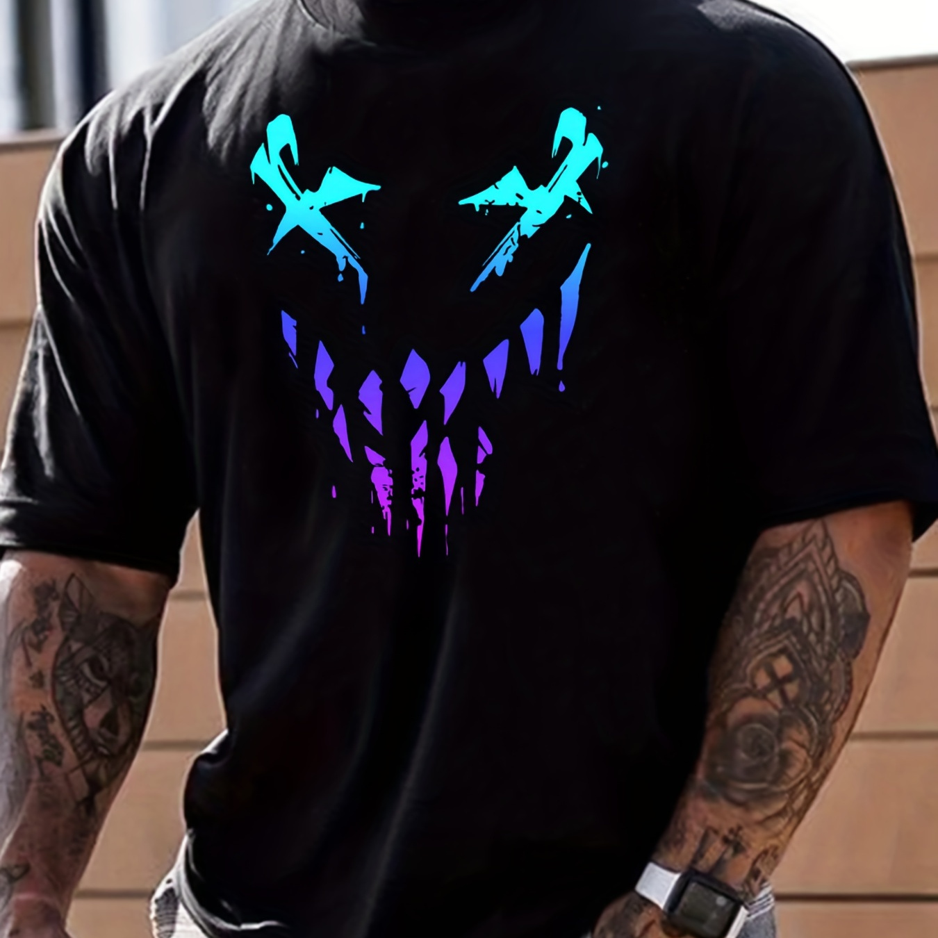 

Men's Casual Short Sleeve Gradient Color Sharp Teeth Face Print Crew Neck Graphic Tee Loungewear Top Pajamas Trendy Daily Summer T-shirt