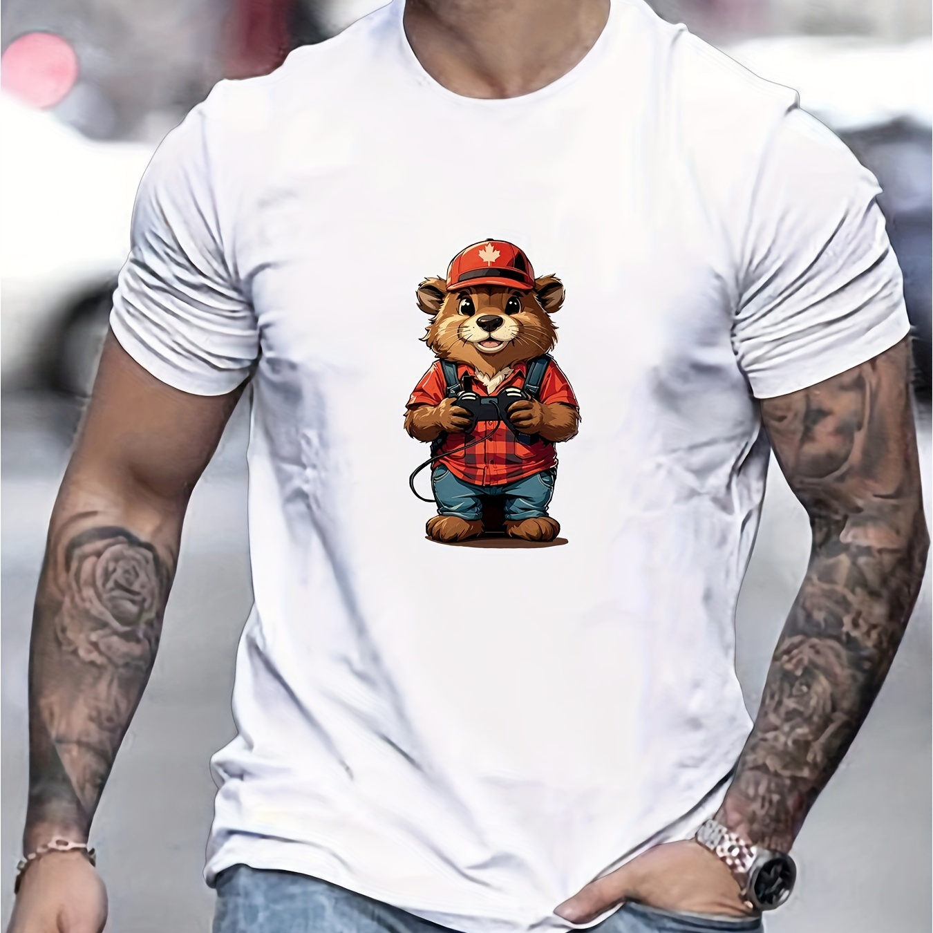 

Men's Bear Print T-shirt, Casual Short Sleeve Crew Neck Tee, Men's Clothing For Outdoor