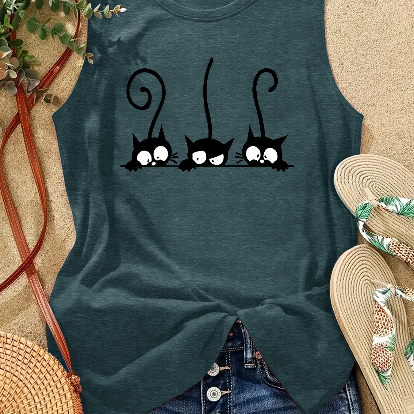 

Cat Print Top, Sleeveless Casual Top For Summer & Spring, Women's Clothing