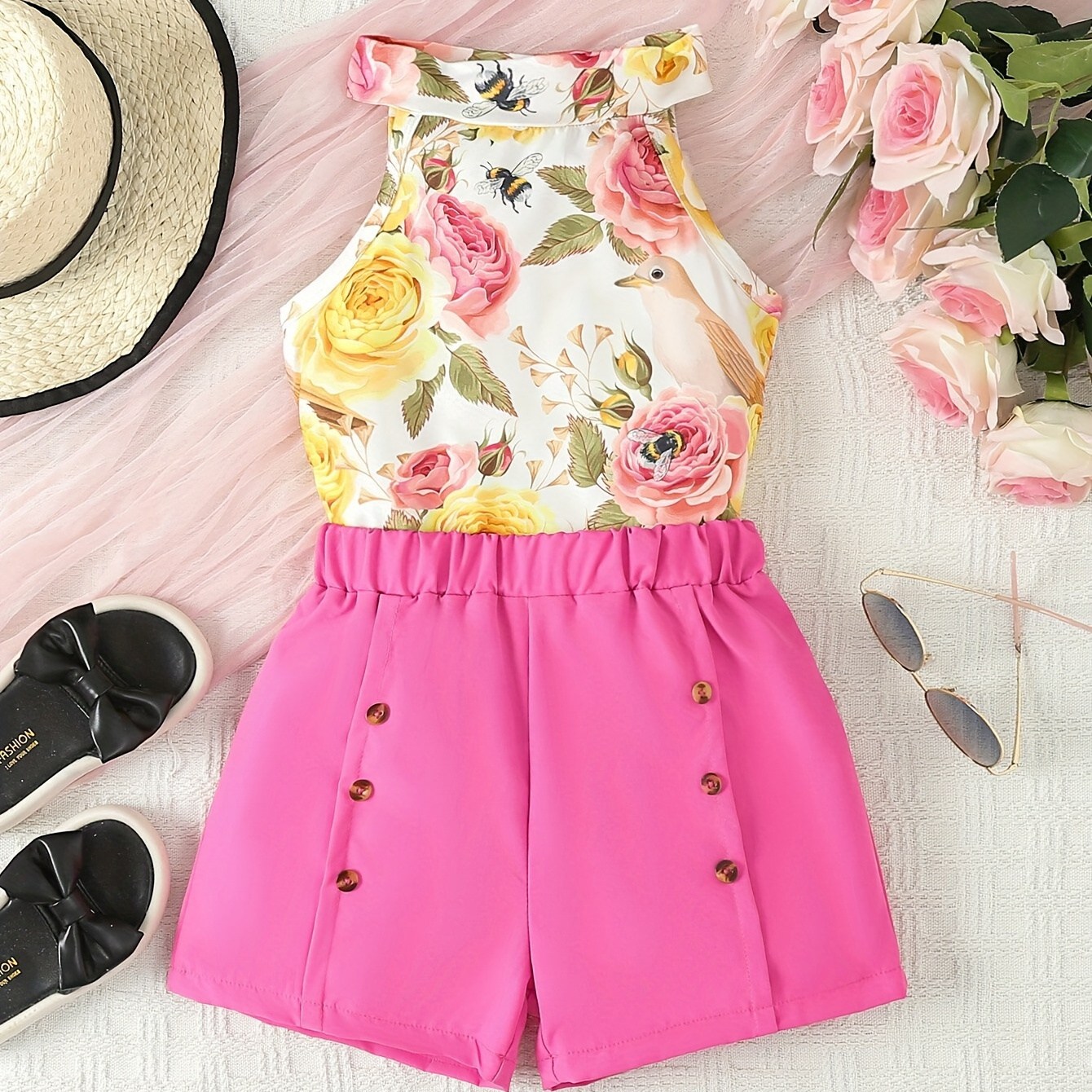 

Sweet Girls 2pcs Flower Print Halter Neck Sleeveless Top + Shorts Set Summer Clothes Gift