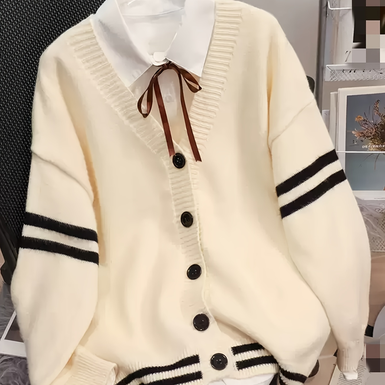 

Cardigan Tricoté Élégant à Rayures pour Femme - Col V, Manches Longues, Crème avec Rayures Marron et Noires, Mélange Acrylique/Polyester, Lavage à Uniquement, Parfait pour et l'Hiver, Pull Tricoté