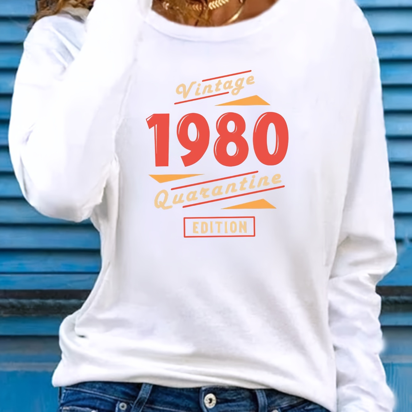 

T-shirt imprimé graphique de 1980, style décontracté à manches longues et col rond, haut confortable, vêtements pour femmes.