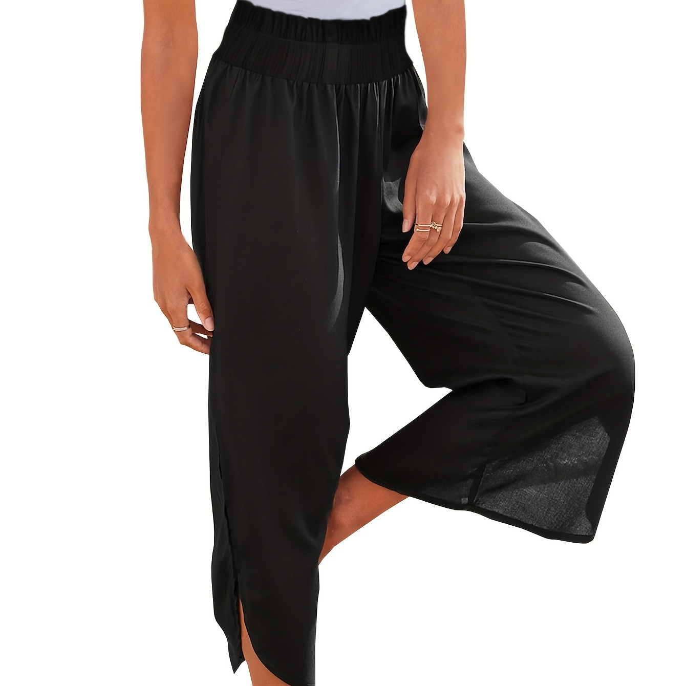 

Women's Summer Casual High-waisted Pleated Thigh Pants, With Slits, Made Of Solid Color Viscose Fabric, Suitable For All And Trendy For Adults.