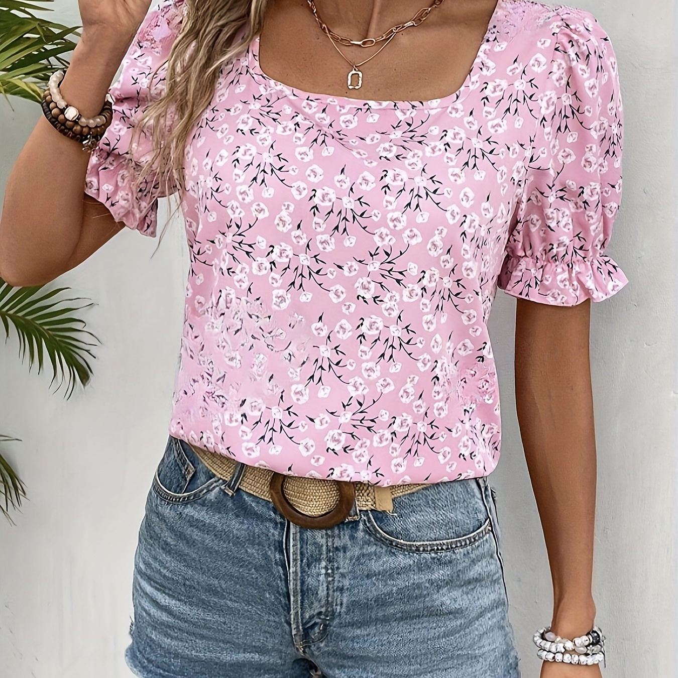 

Floral Print Square Neck Blouse, Casual Short Puff Sleeve Ruffle Trim Top For Spring & Summer, Women's Clothing