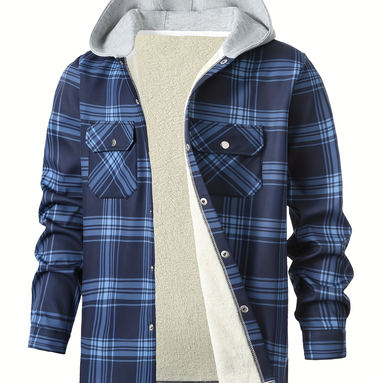 

Winter , Men's Fleece-lined Hooded Jacket - Casual & Sporty, Long Sleeve With Pockets, Machine Washable - Fall/winter