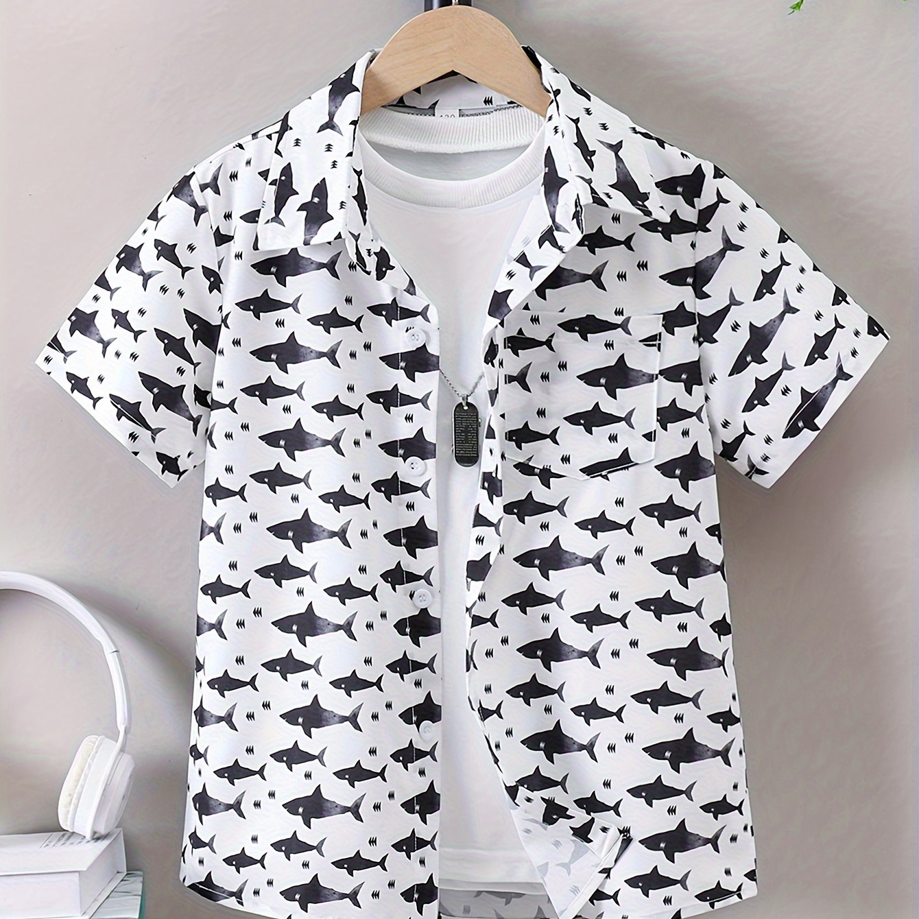 

Boy's Cartoon Shark Allover Print Hawaii Aloha Shirt, Short Sleeve Button Up Comfy Loose Casual Summer Holiday Shirt