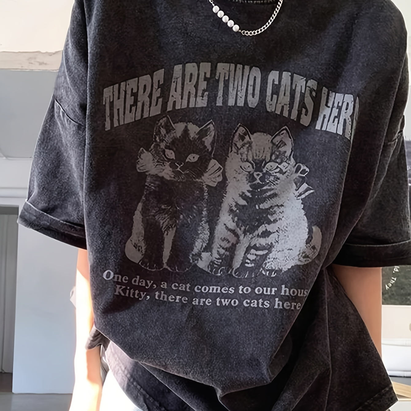 

There Are 2 Cats Here Print T-shirt, Casual Crew Neck Short Sleeve Top For Spring & Summer, Women's Clothing
