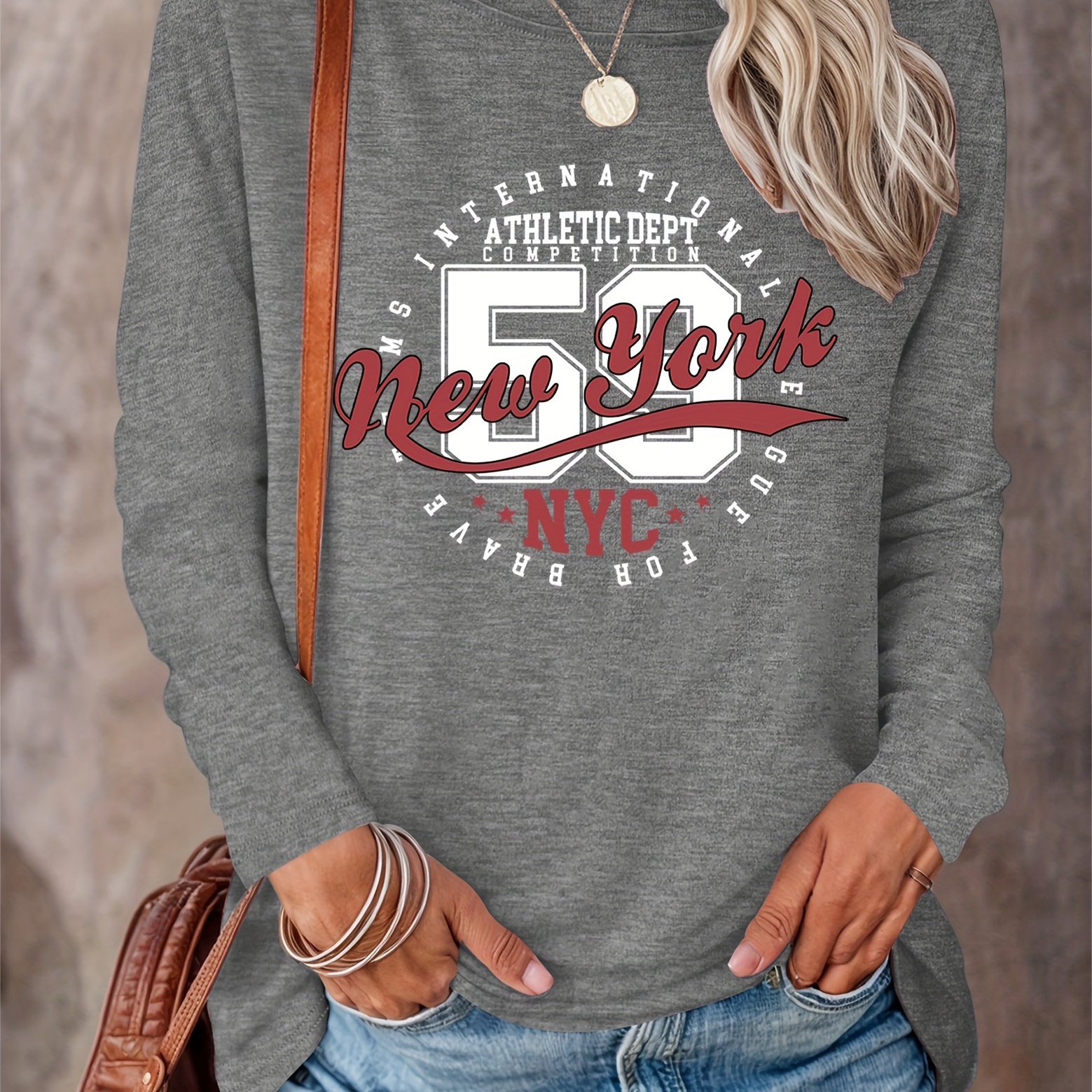 

Casual Crew Neck Long Sleeve T-shirt With New York Print - Polyester Blend Knit Fabric, Alphabet Pattern, Regular Fit For Women - Spring/fall Season Top