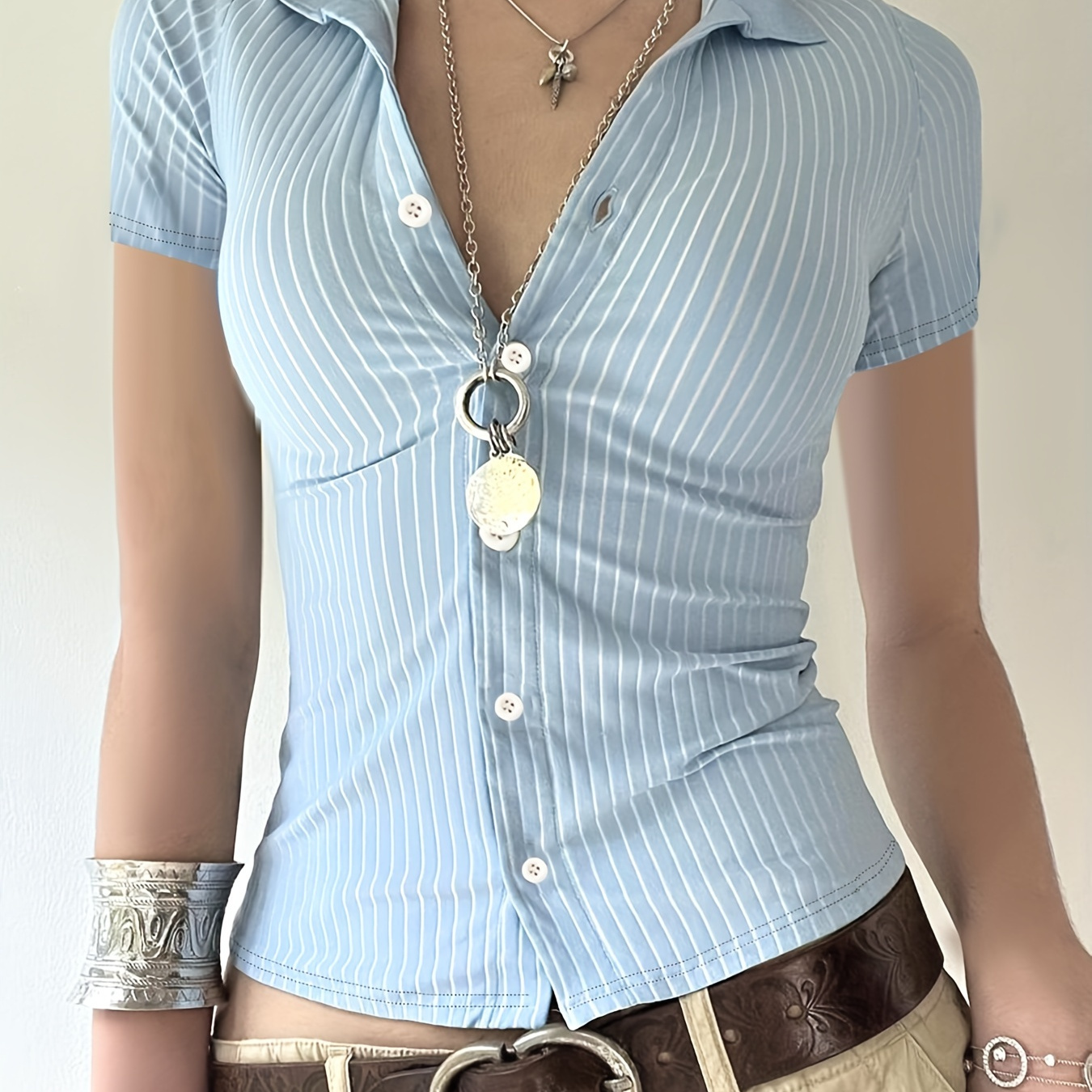 

Women's Y2k Striped Print Button-up Shirt - Elegant , Short Sleeve, Summer Casual Streetwear, Light Blue With Brown Stripes, Polyester , |striped |knitted Fabric