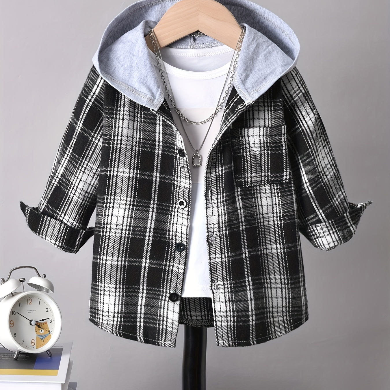 Boys Hooded Black And White Checked Shirt Kids Clothes