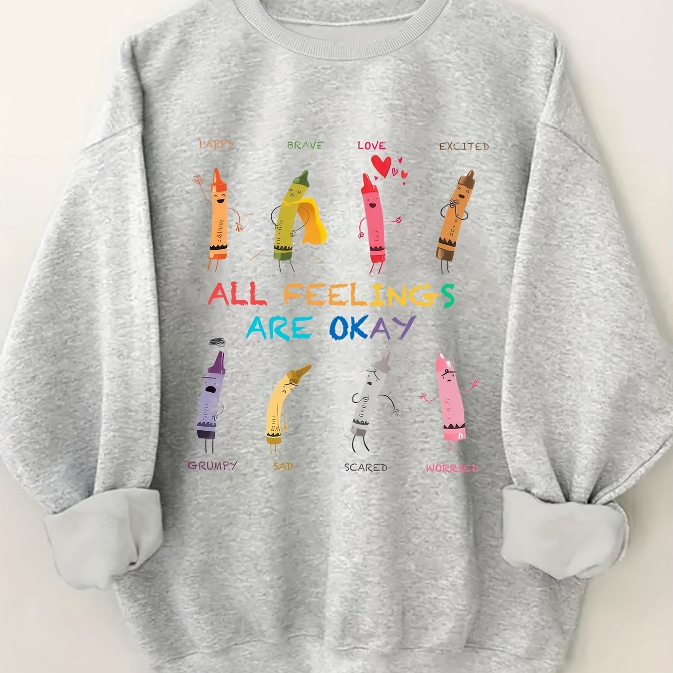 

Casual Polyester Crew Neck Sweatshirt With Alphabet Print - Fall/winter Themed Graphic Knit Fabric Pullover With Inspirational Message "all Feelings Are Okay