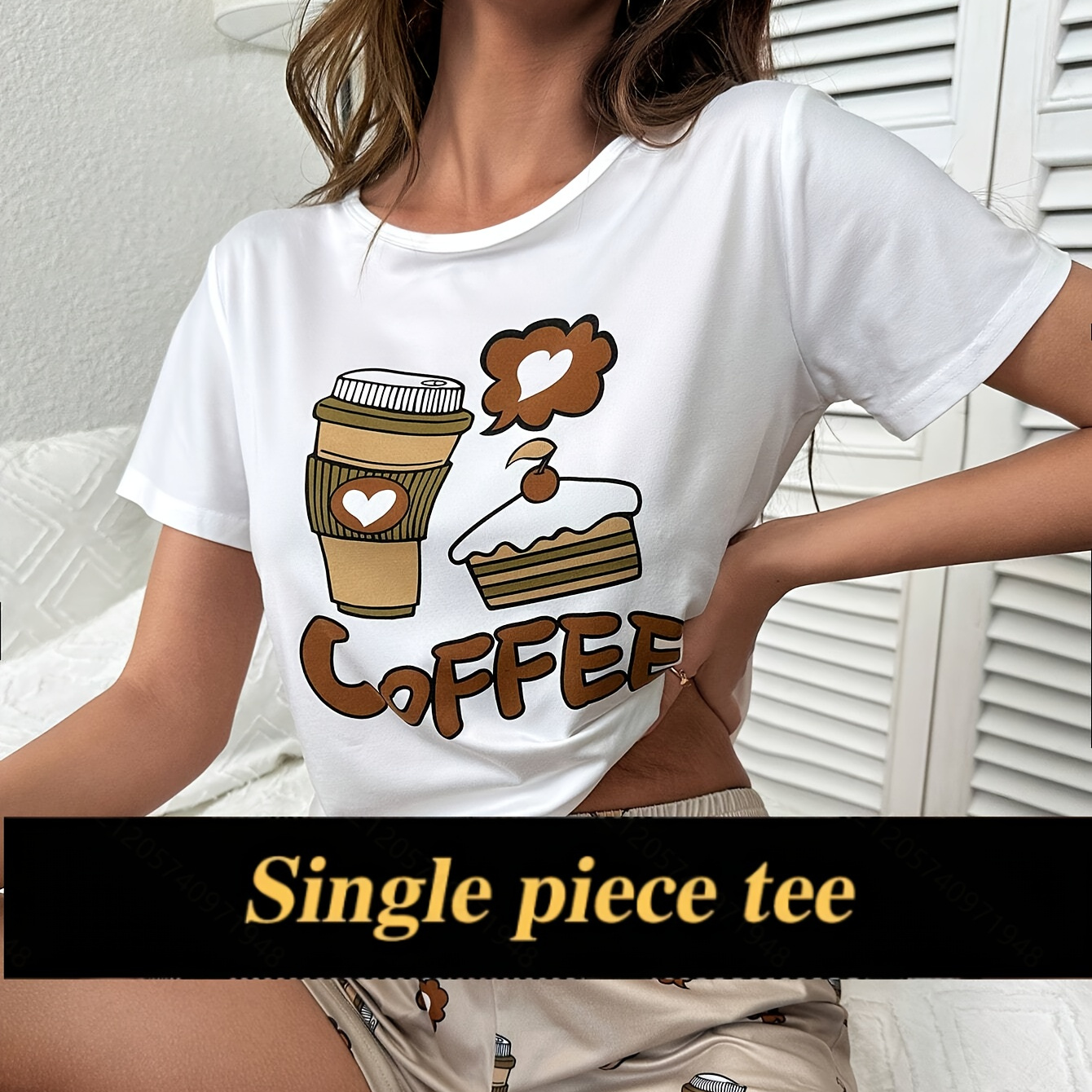 

Casual Cake & Coffee & Letter Print Pajama Tops, Short Sleeve Round Neck T-shirt, Women's Sleepwear & Loungewear