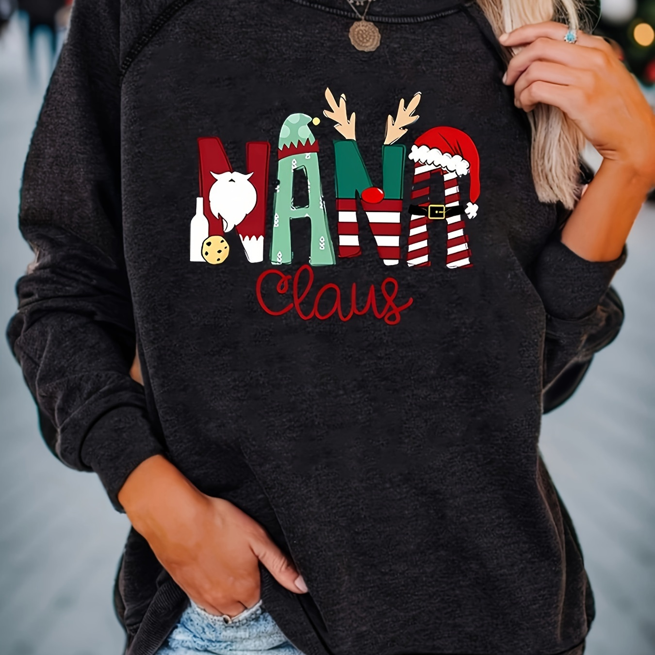 

Casual Christmas Crew Neck Sweatshirt For Women - Polyester Blend, Long Raglan Sleeve, Knit Fabric, Regular Fit - Nana Claus Print Holiday Pullover