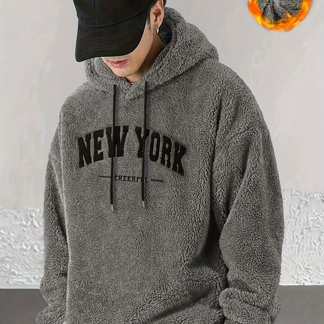 

Men's Casual New Fleece Hoodie - Cozy Loose Fit With Drop Shoulder Sleeves, Solid Color Knit Pullover For Fall/winter, Sweater Hoodie