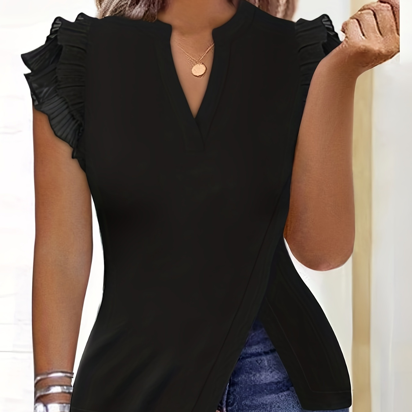 

Solid Slit Hem Notch Neck T-shirt, Casual Ruffle Sleeve Top For Spring & Summer, Women's Clothing