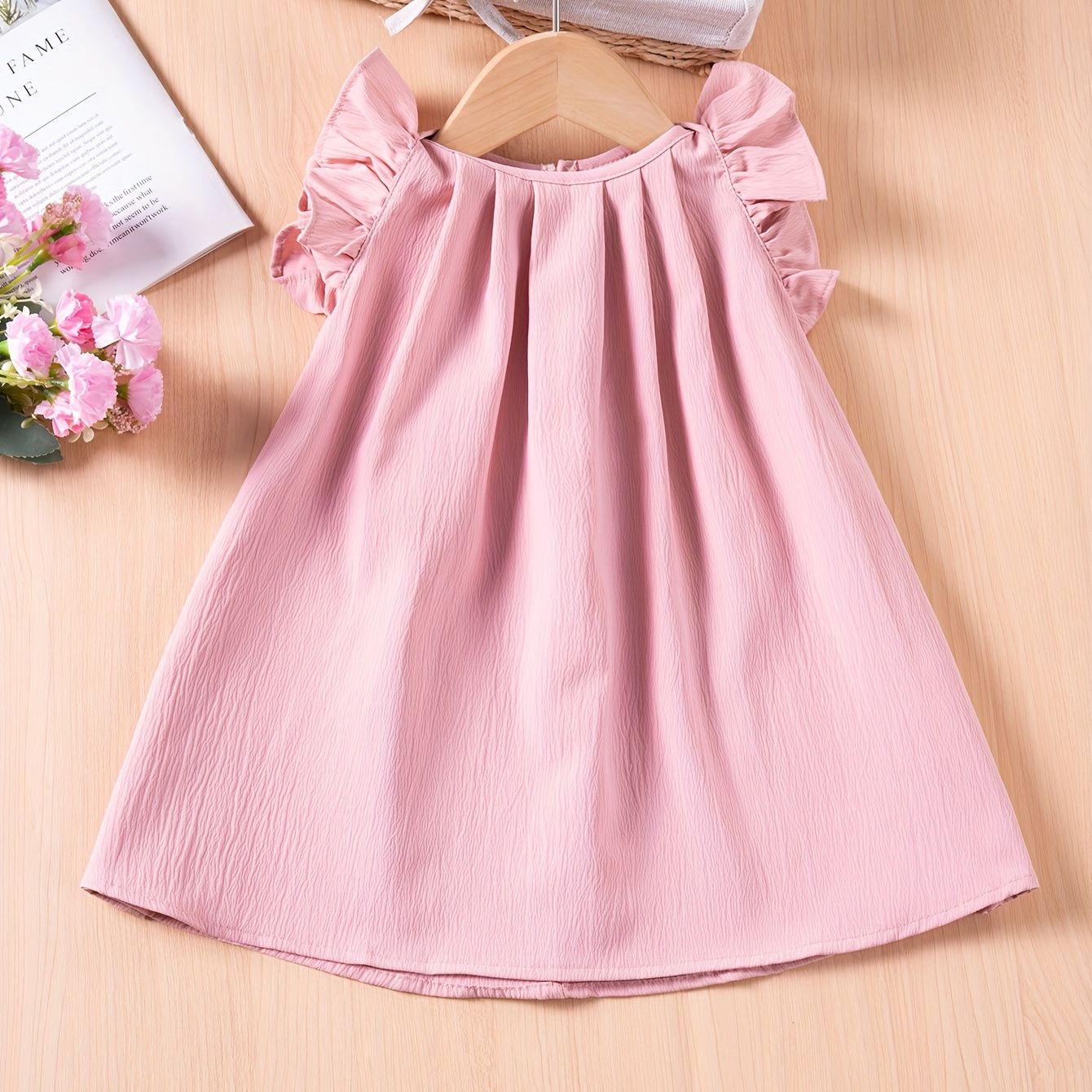 

Infant & Toddler's Casual Solid Color Dress, Cap Sleeve Dress, Baby Girl's Clothing For Summer
