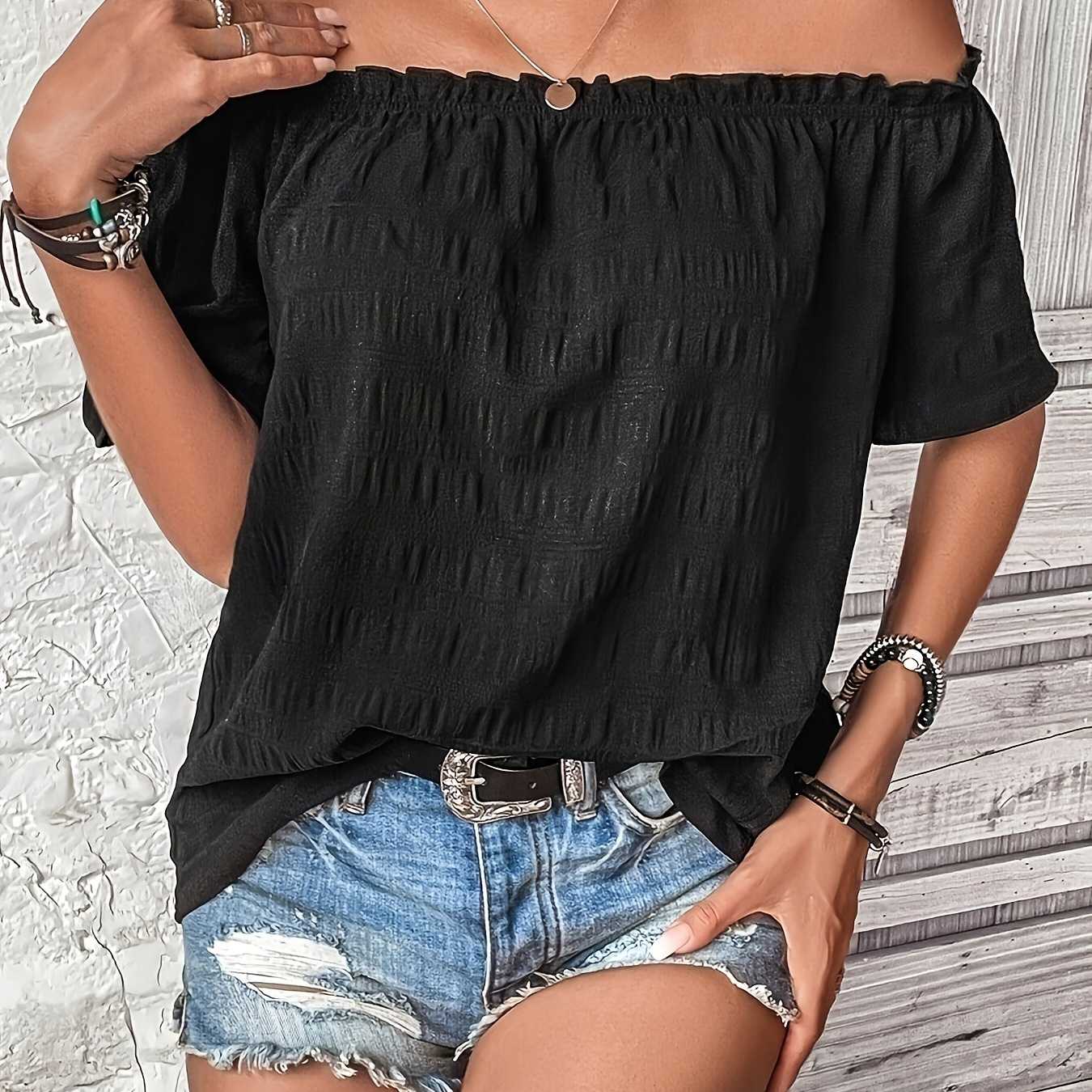 

Plus Size Off Shoulder Blouse, Casual Textured Short Sleeve Blouse For Spring, Women's Plus Size clothing