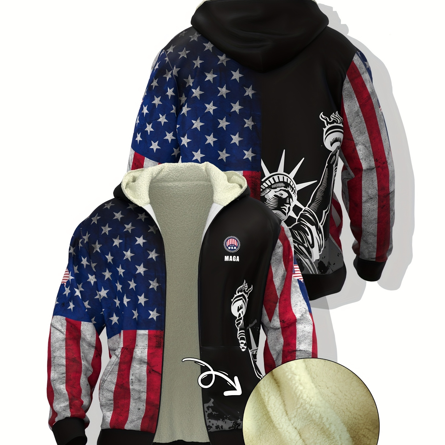 

Men's Plus Size American Flag & Statue Of Print Hoodie - Casual Zip-up Jacket With Fleece Lining, Polyester, Plus Size