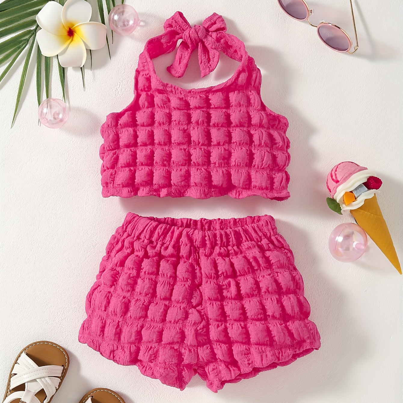 

2pcs Infant & Toddler's Puff Textured Summer Outfit, Stylish Haltertop & Shorts, Baby Girl's Clothes