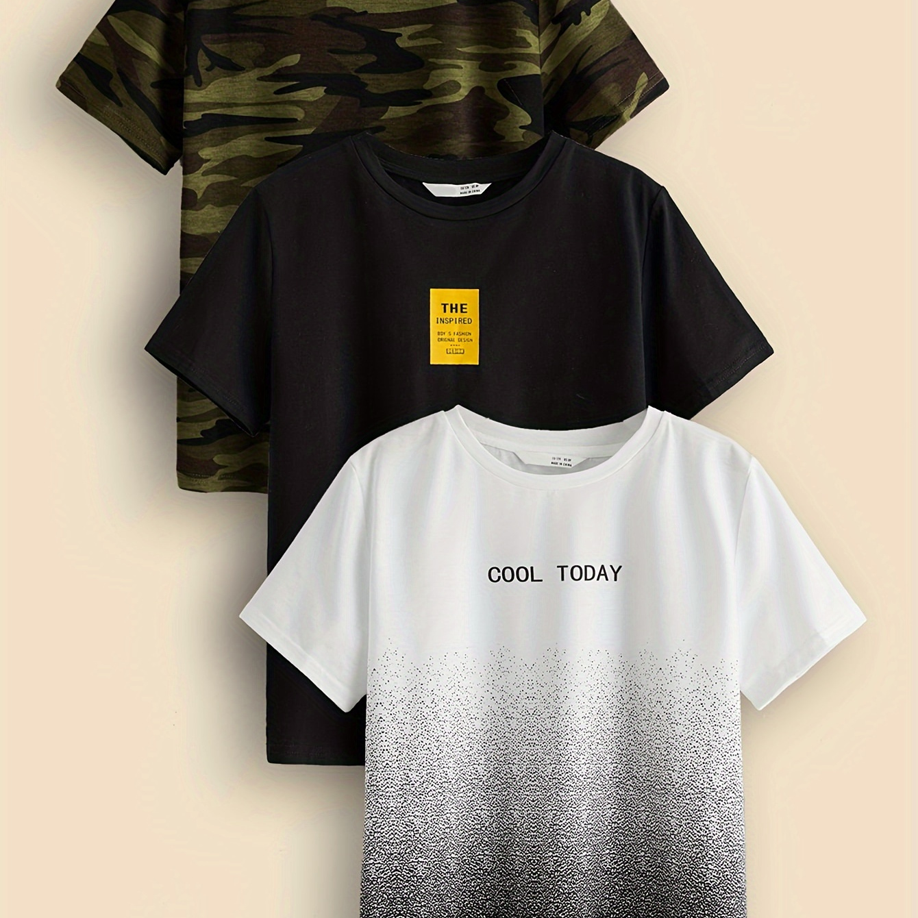 

3pcs Boy's Camo & Solid & Gradient Pattern T-shirt, Short Sleeve Casual Round Neck Comfortable Summer Tee Tops