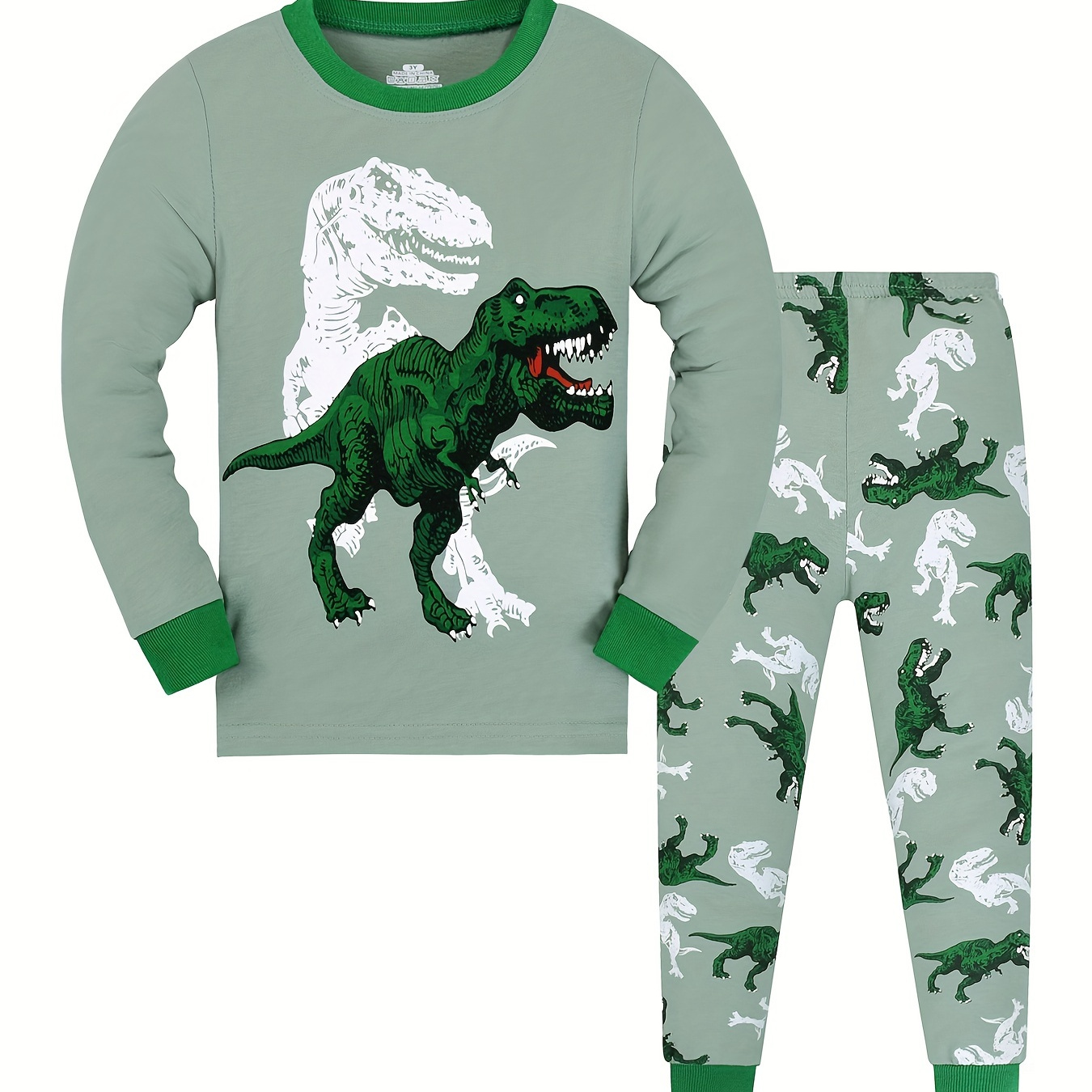 

2pcs Kid's Pajamas, T-rex Dinosaur Pattern Long Sleeve Top & Pants Set, Comfy Casual Pj Set, Boy's Loungewear