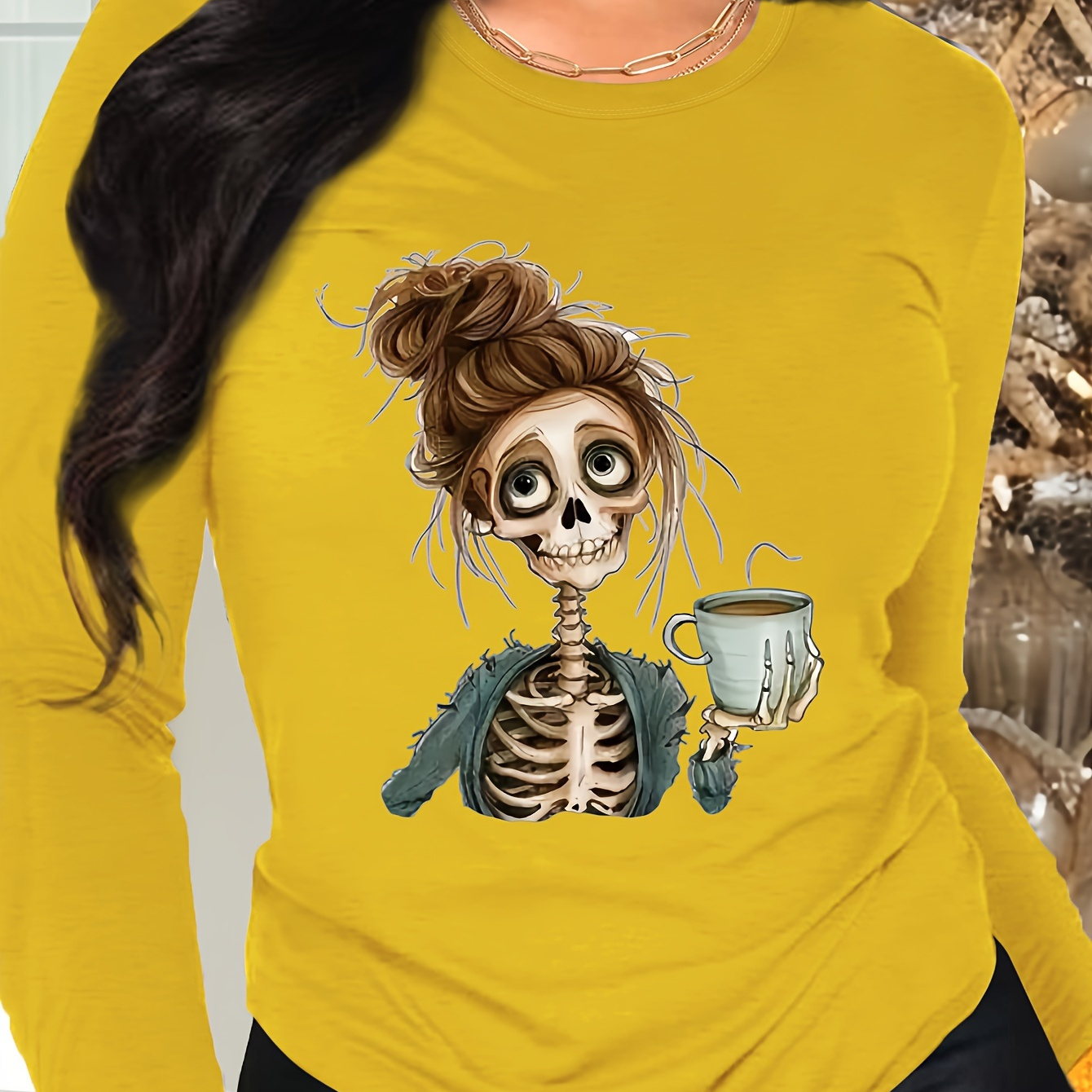 

Women's Casual Polyester Long Sleeve T-shirt With Skeleton Girl Applique, Crew Neck Knit Fabric Top, Anime Pattern Regular Length For Fall/winter