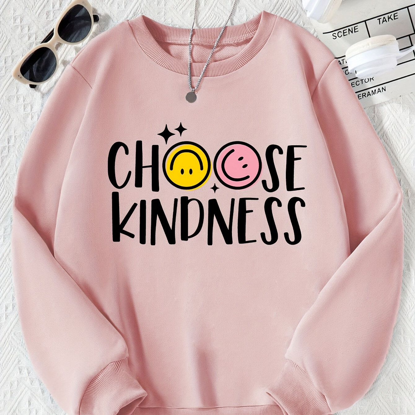 

Girl's Smile Face Print Regular Fitted Long Sleeve Crew Neck Sweatshirt Casual Children Outwear For Autumn And Winter