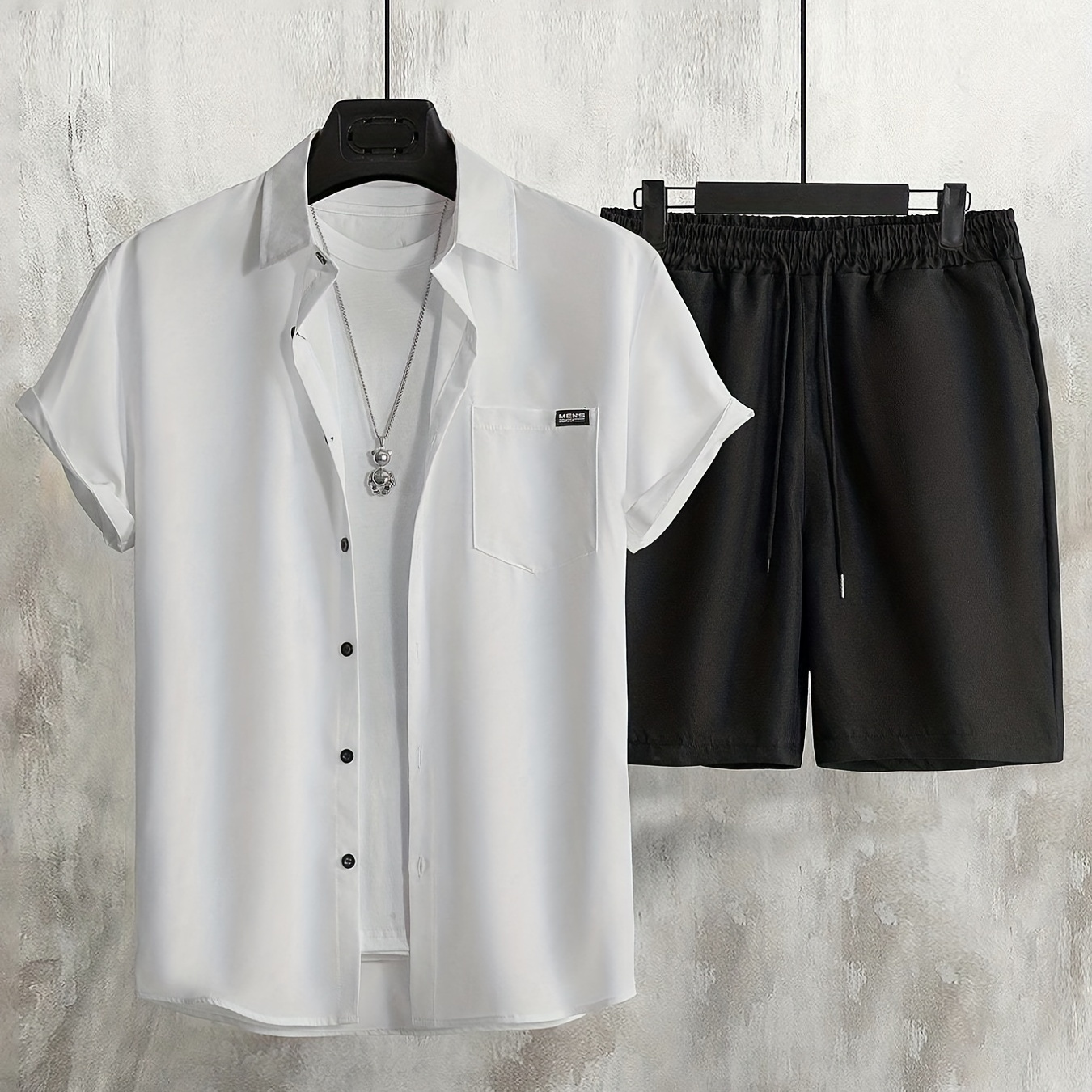

Men's 2pcs Outfits, Casual Lapel Button Up Short Sleeve Shirt And Drawstring Shorts Set For Summer, Men's Clothing For Daily Leisure Loungewear Vacation Resorts