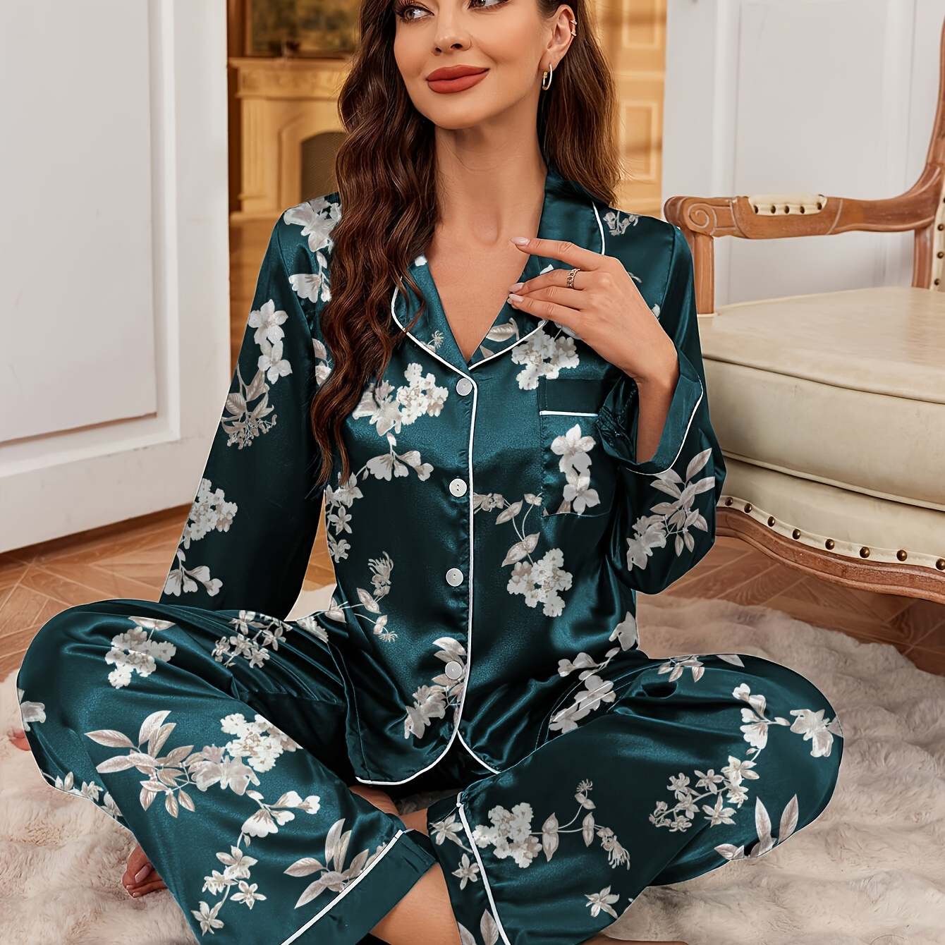 

Women's Elegant Floral Print Satin Pajama Set - Long Sleeve, Button- & Waist Pants, Machine Washable