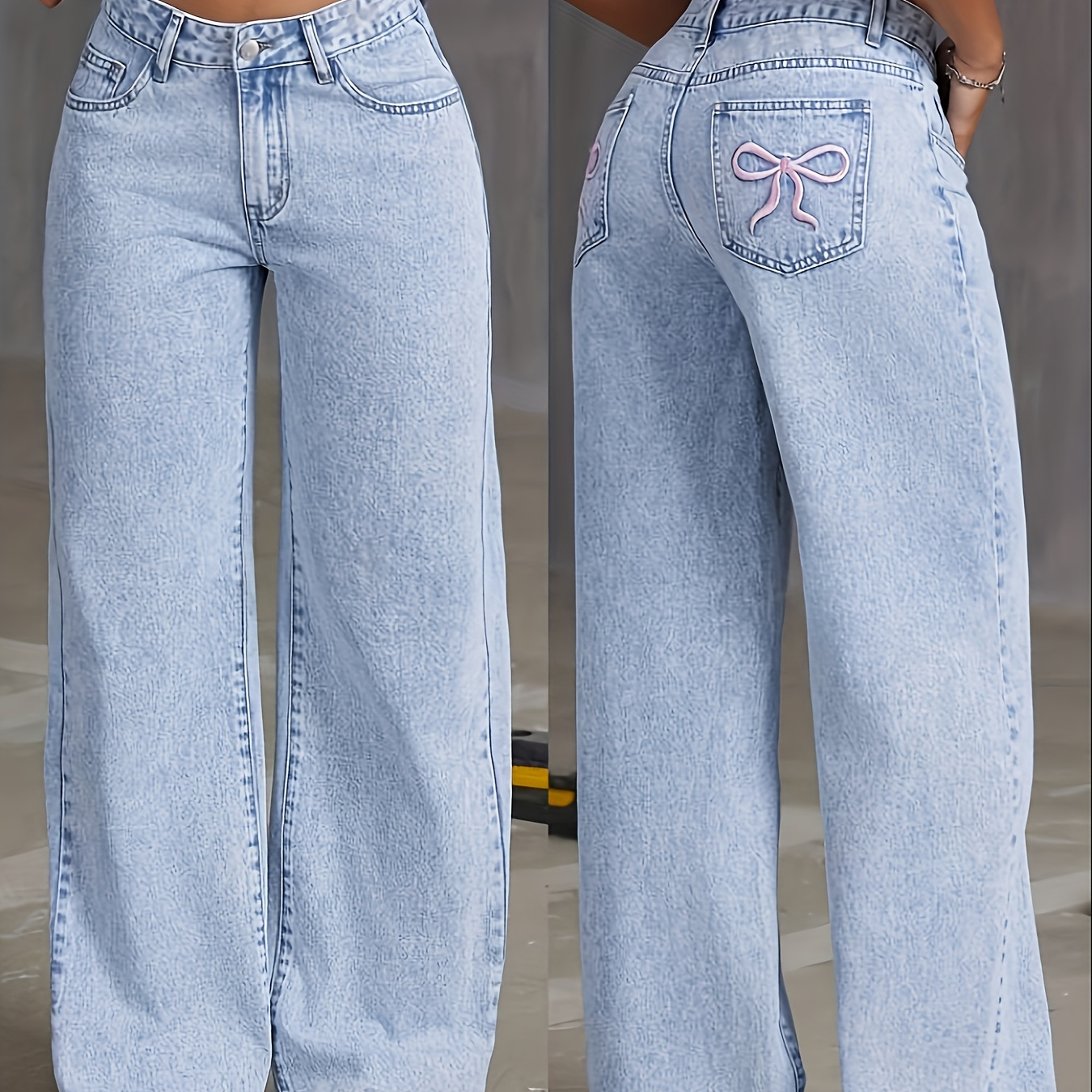 

Women's High-waist Loose Straight-leg Jeans, Fashionable Embroidered Detail, Washed Blue Denim, Casual , Machine Washable, Casual Denim Wear | Relaxed Fit Denim | Smooth Texture Jeans