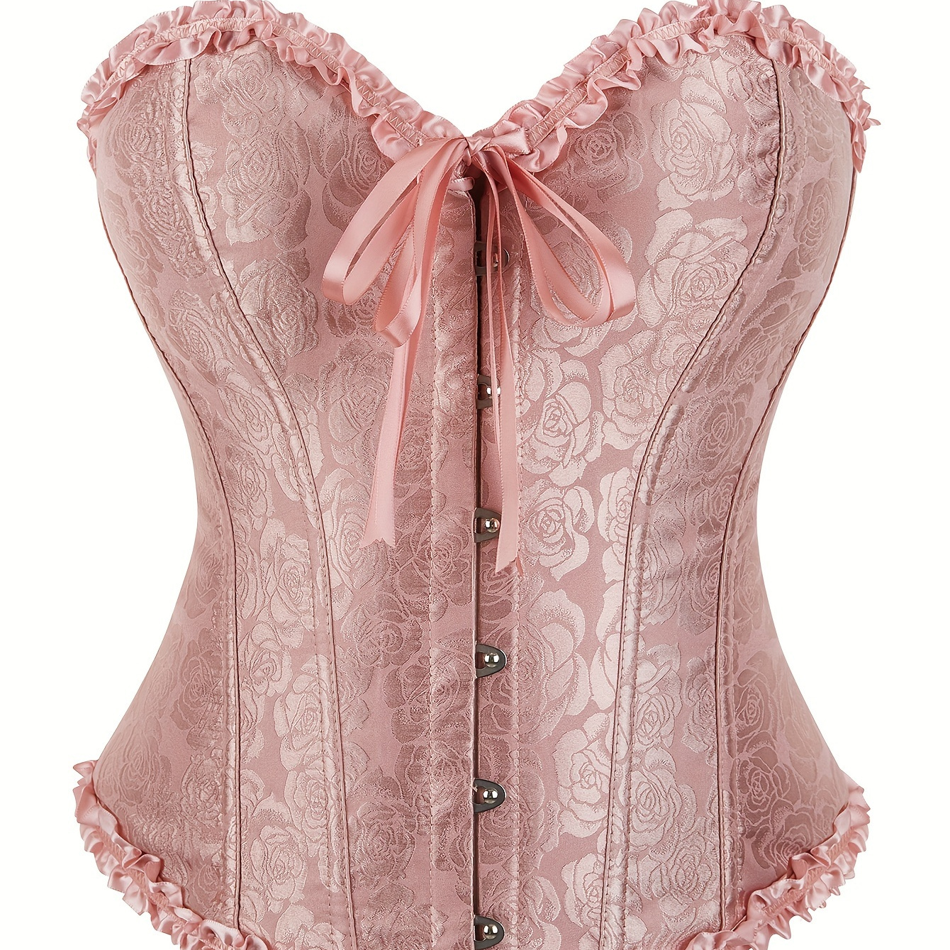 

Elegant Floral Lace-up Overbust Corset Bustier With Ruffle Trim, 100% Polyester High Support Knit Fabric Body Shaper For Women - Adult Collection