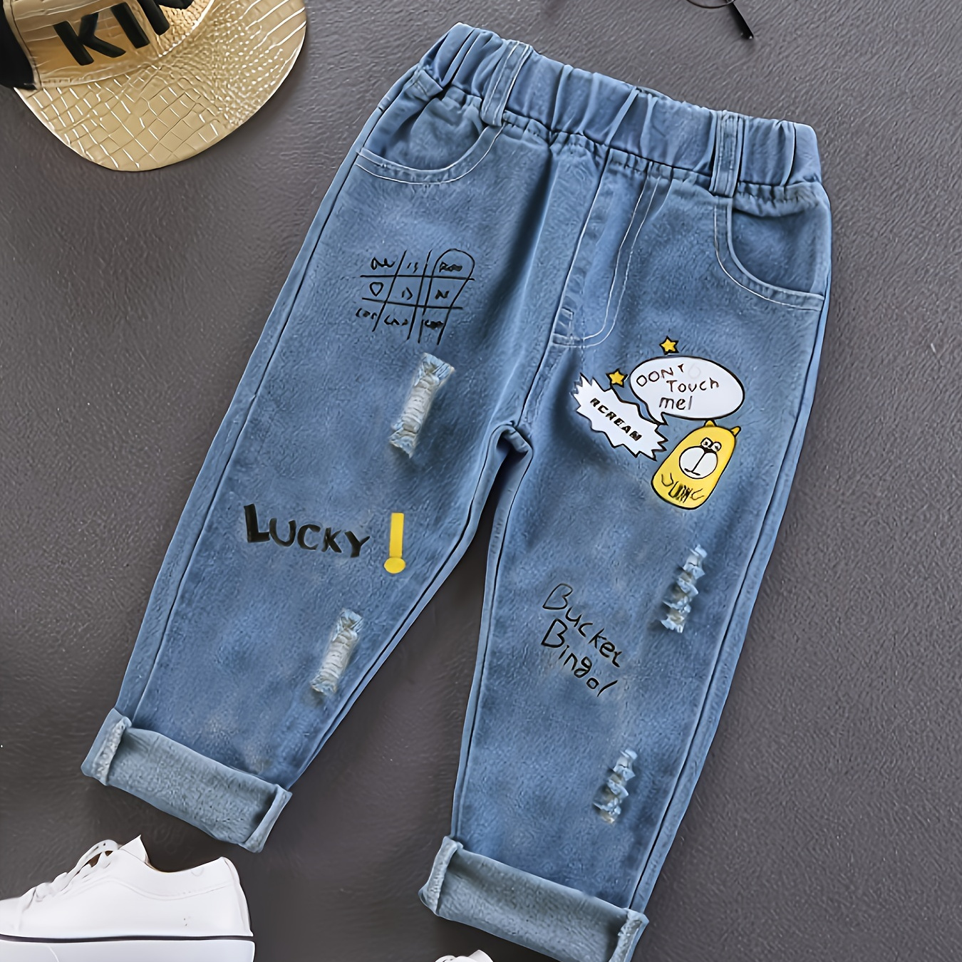 

Boy's Cartoon Bear Print Cute Jeans, Elastic Waist Comfy Ripped Denim Pants For Spring Summer