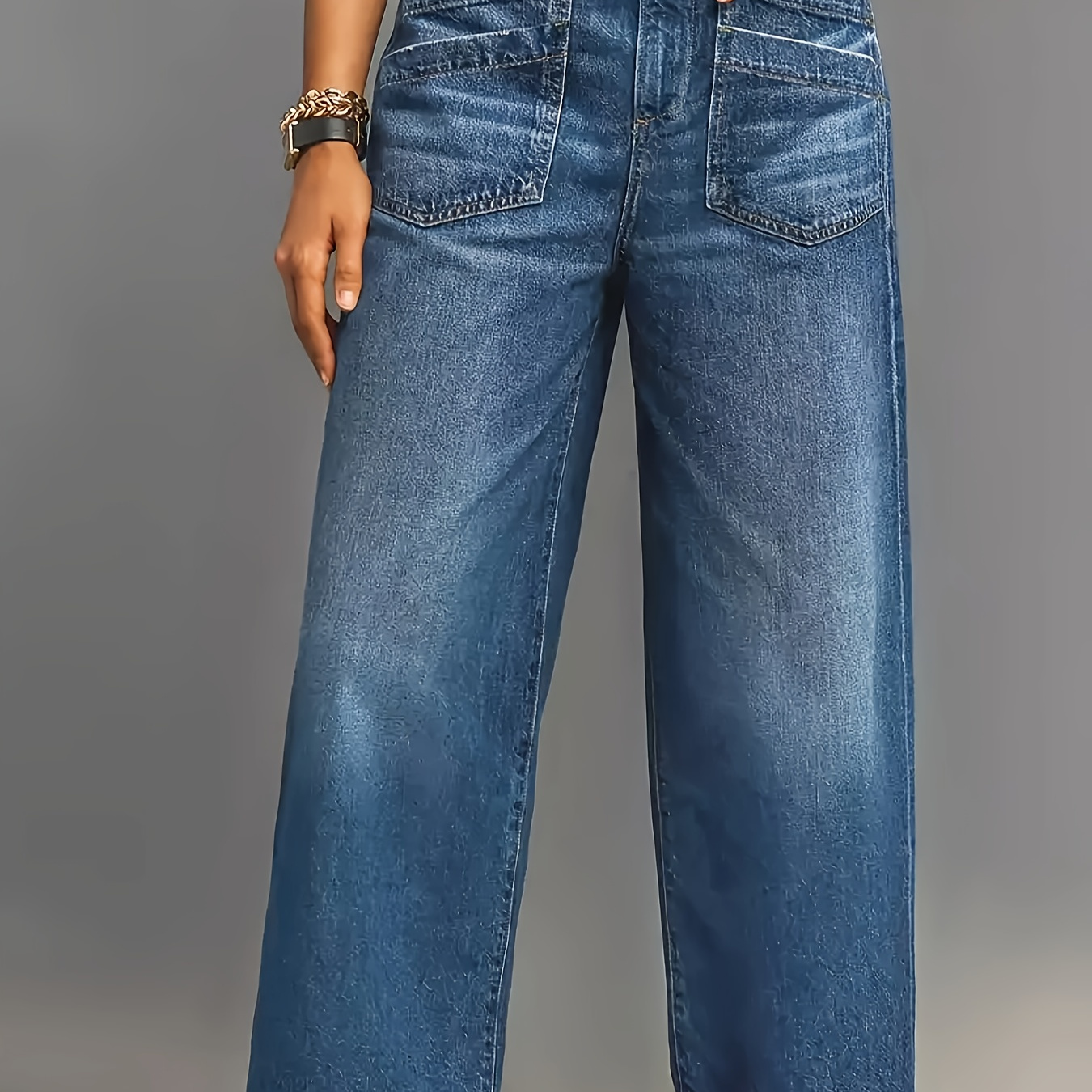 

1pc Wide Leg Jeans, Cropped With Brushed Hem, Mid-waist Button Fly, Solid Color, Medium Stretch Fabric, Casual Weekend Style