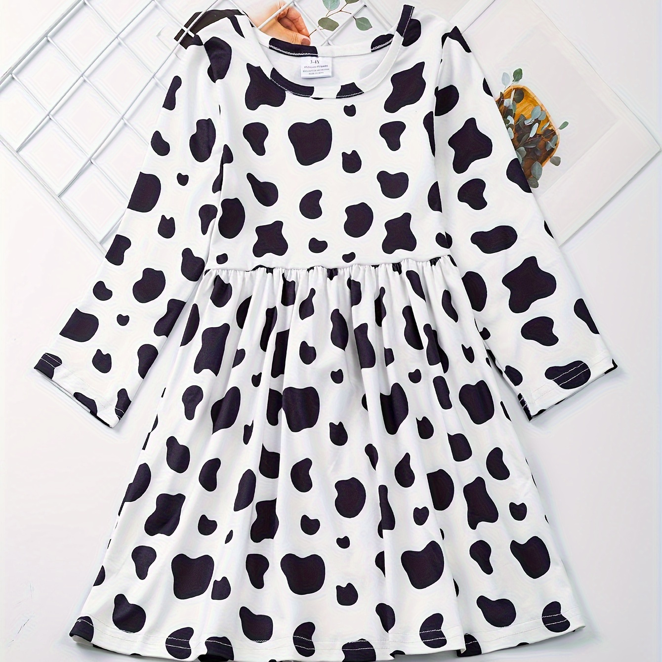 

Girls Cow Pattern Print Long Sleeve Dress, Kids Clothing For Spring Autumn