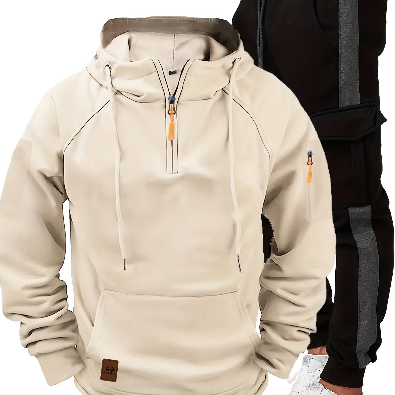 

2pcs Men's Fall/winter Casual Sportswear Set, Long Sleeve Hooded Zip-up Jacket With Pockets & Drawstring Joggers, Polyester Knit Fabric, Regular Fit For Hiking & Outdoor Activities