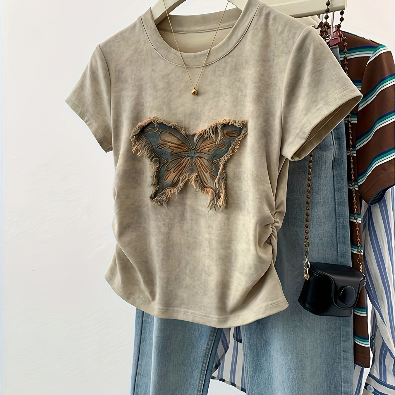 

Butterfly Pattern Crew Neck T-shirt, Y2k Ruched Short Sleeve Top For Spring & Summer, Women's Clothing