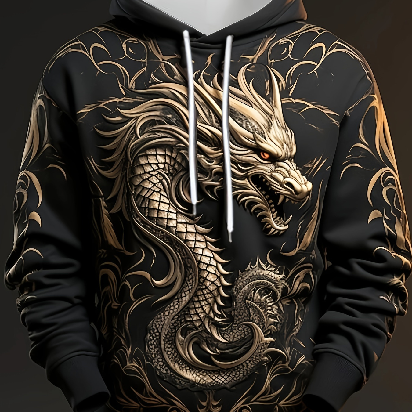 

Dragon Print Hoodie, Cool Hoodies For Men, Men's Casual Graphic Design Hooded Sweatshirt Streetwear For Winter Fall, As Gifts