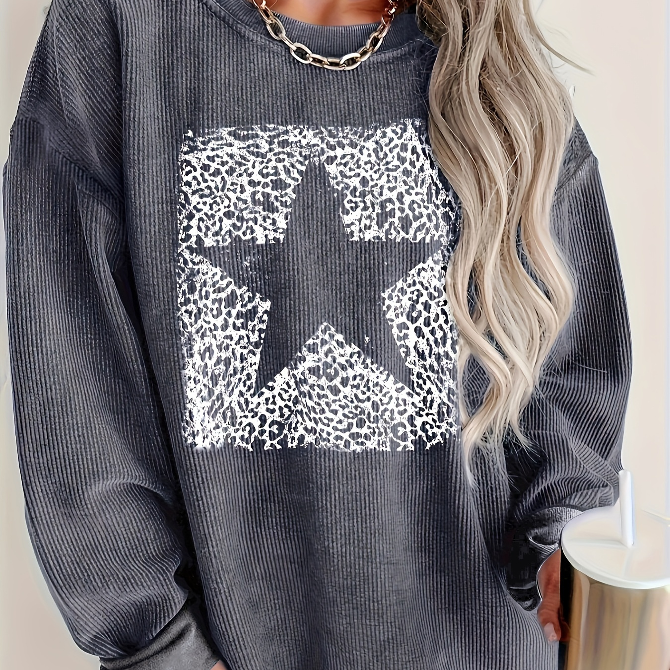 

Star Print Drop Shoulder Pullover Sweatshirt, Casual Long Sleeve Crew Neck Sweatshirt For Fall & Winter, Women's Clothing