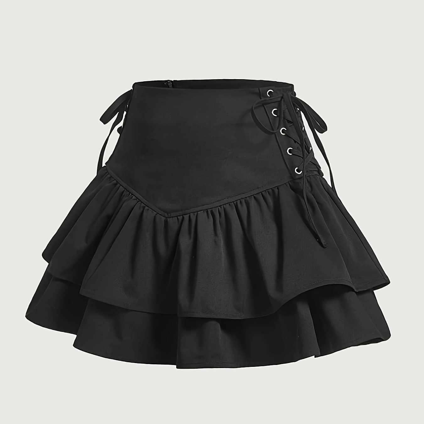 

Ruffle Hem Cross Strap Skirt, Y2k A-line Zipper Solid Skirt For Spring & Summer, Women's Clothing