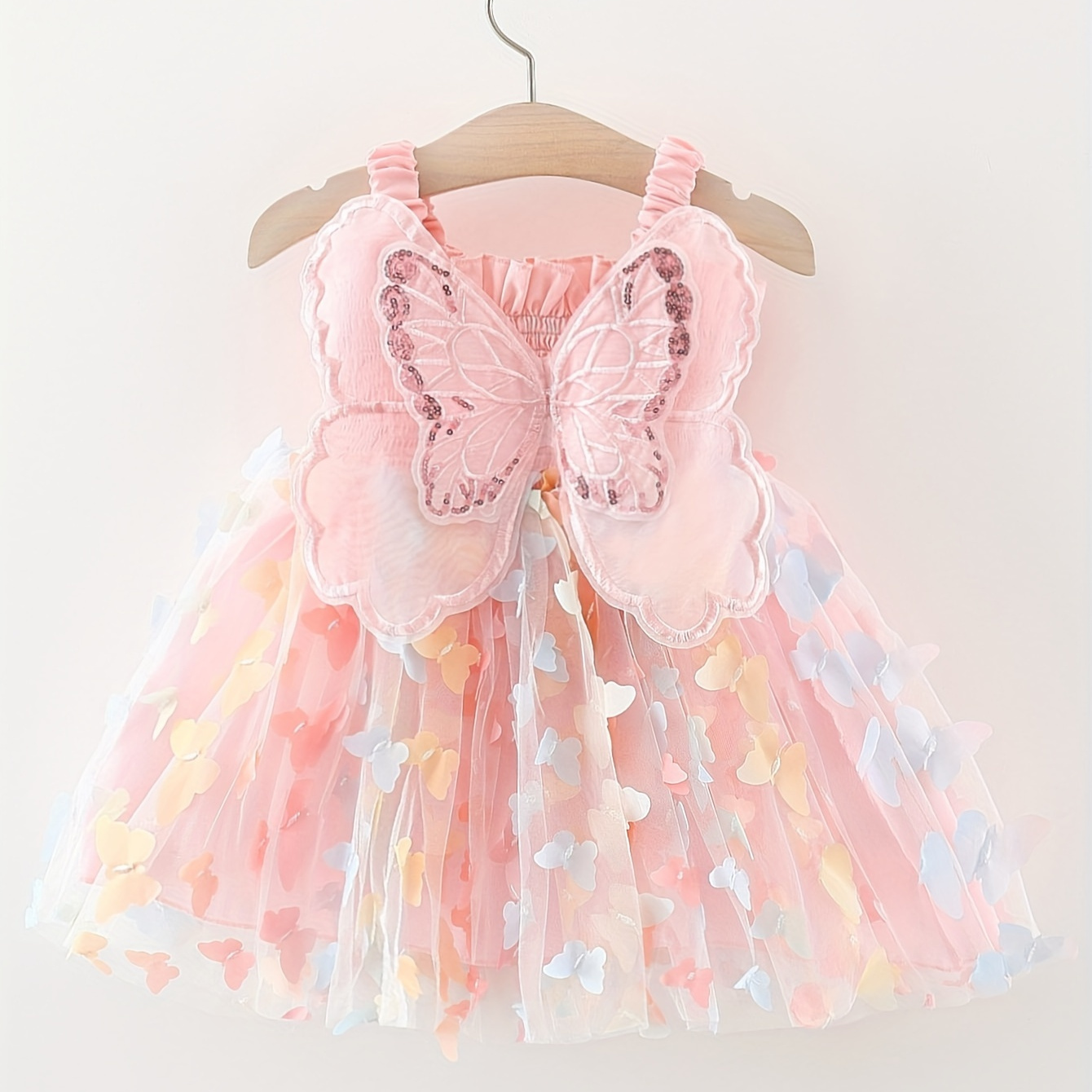 

Baby Girls Cute & Casual Suspender Dress, Dress With Butterfly Mesh For Summer