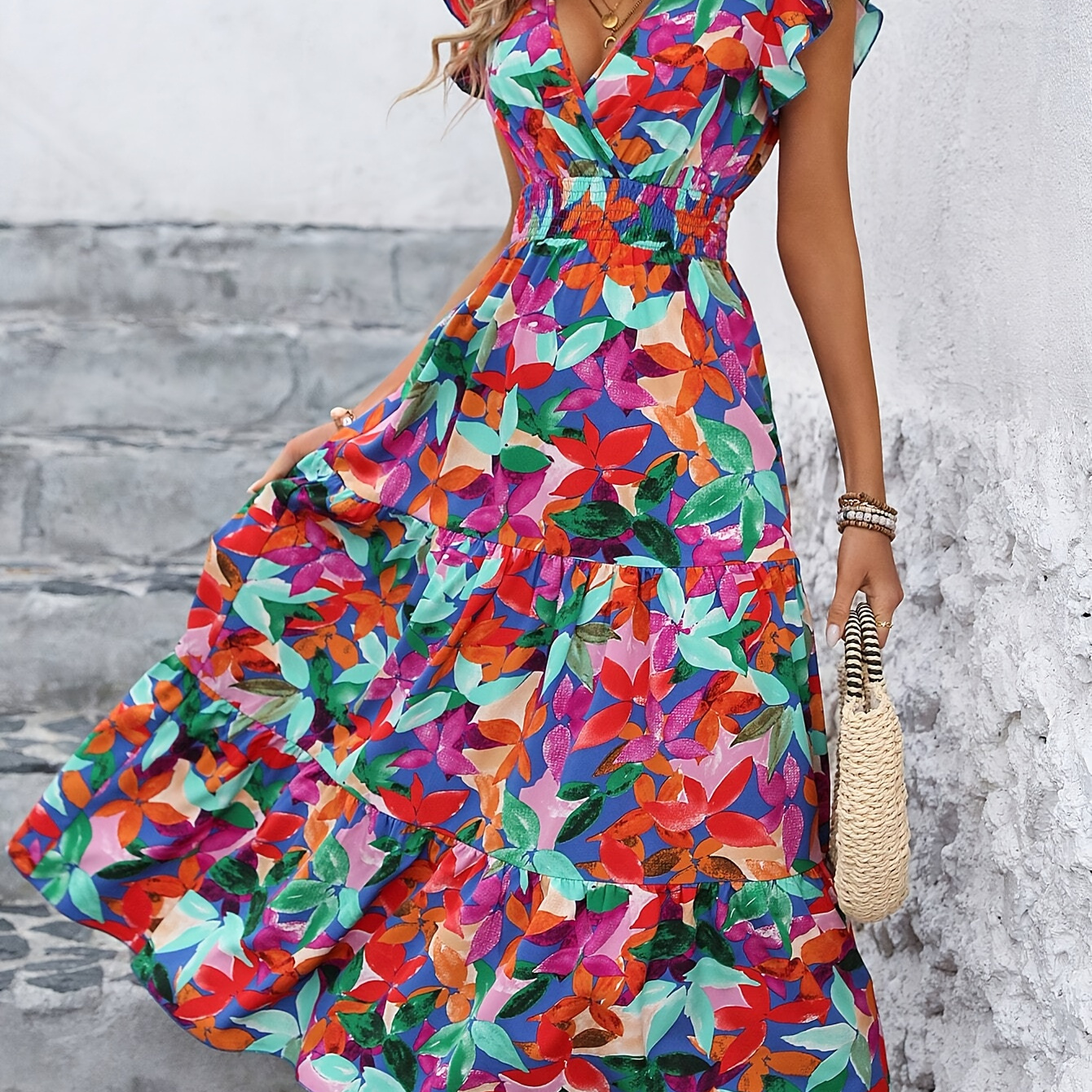 

Floral Print V-neck Tiered Dress, Elegant Shirred Waist Flutter Sleeve Maxi Dress For Spring & Summer, Women's Clothing