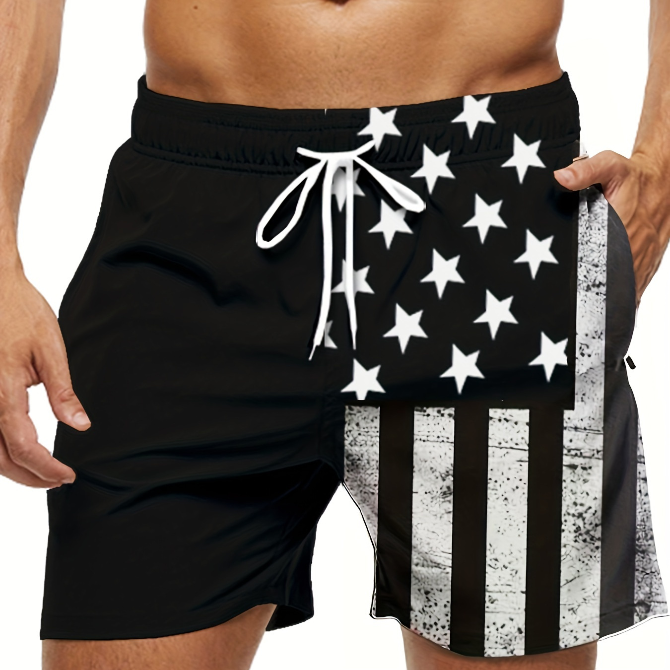 

Men's Flag Pattern Shorts With Pockets, Casual Elastic Waist Drawstring Summer Pool Beach Shorts For Outdoor