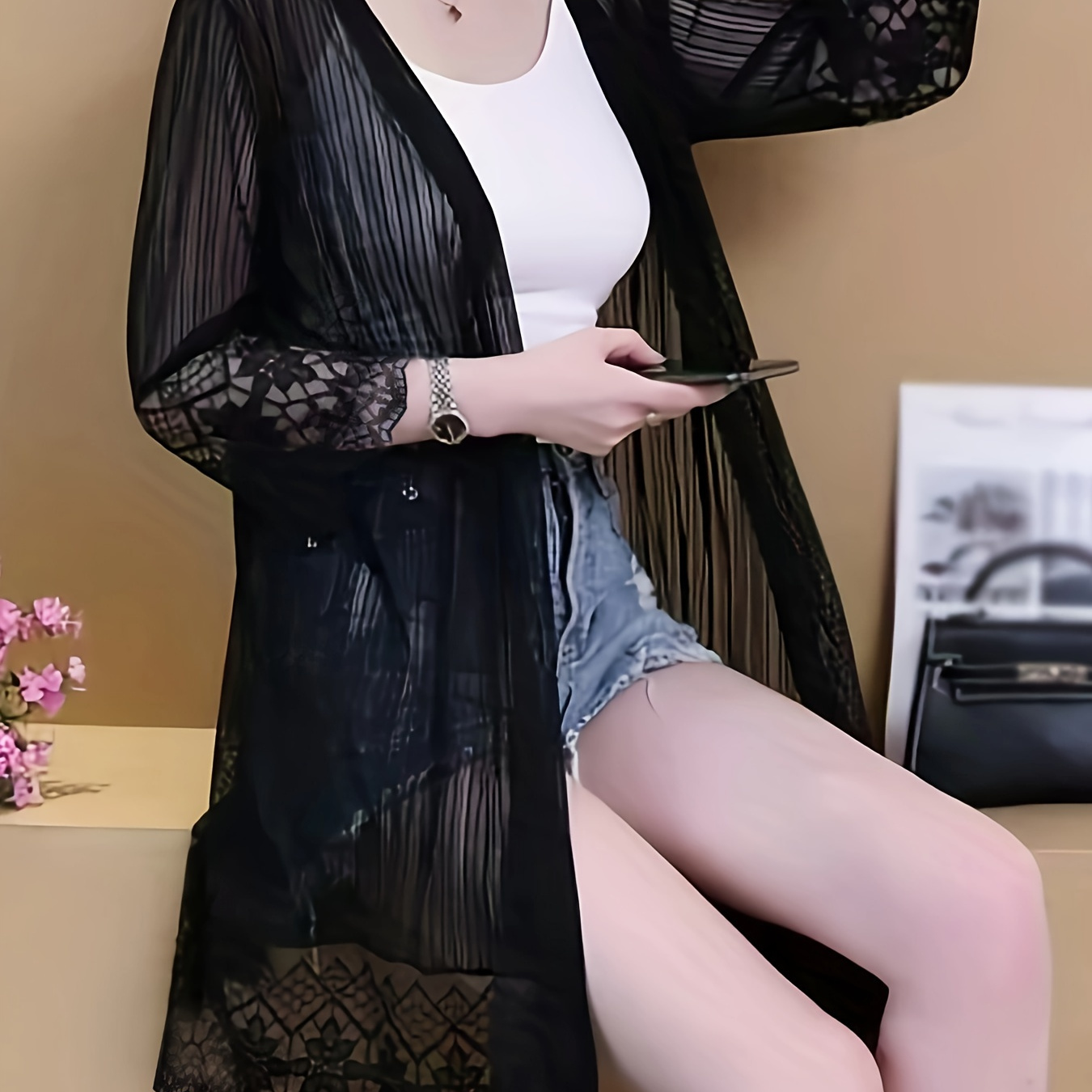 

Solid Contrast Lace Open Front Cardaigan, Casual 3/4 Sleeve Cardigan For Spring & Summer, Women's Clothing