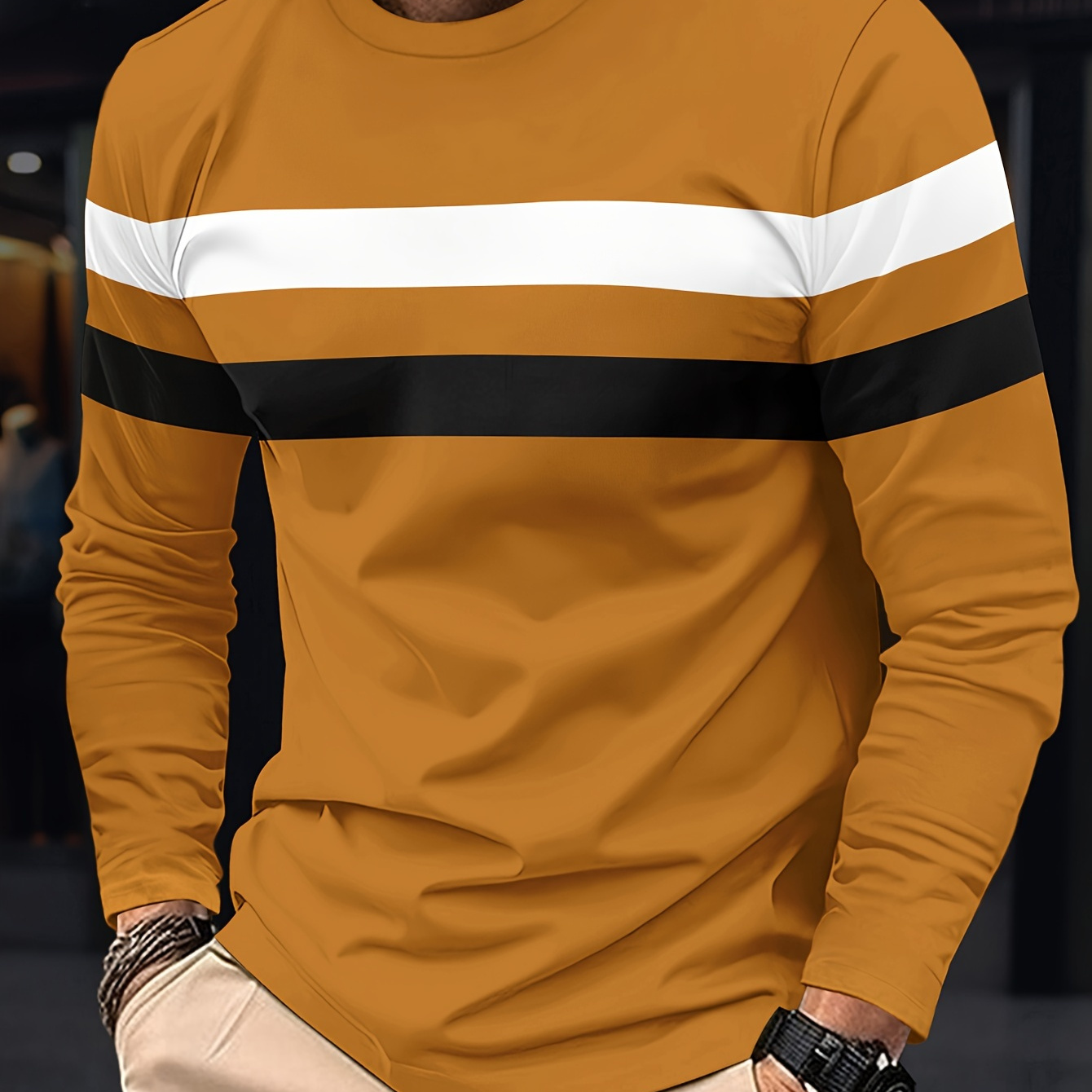 

Men's Long Sleeve Crew Neck T-shirt - Polyester , Basic Solid Color With Detail, Slight Stretch Knit, Casual , For Spring/fall