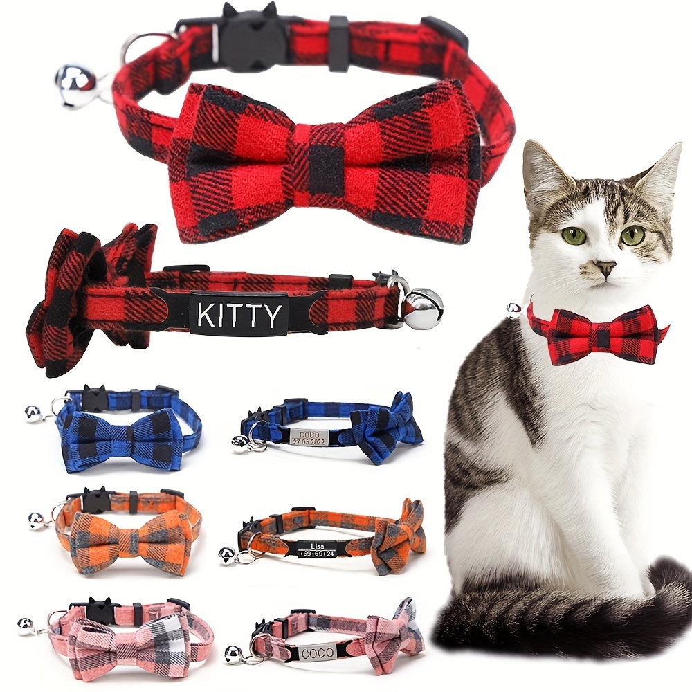 

Plaid Bow Tie Cat Collar Personalized Id Name Engraved Kitten Safety Breakaway Adjustable Puppy